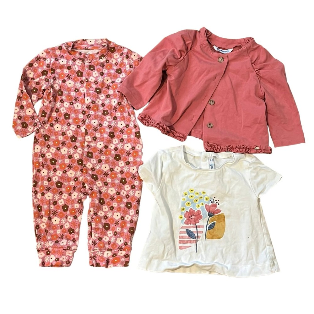 Mayoral Girls 6mo Pink Cardigan & Shirt Bundle Lot Amazon Footless Soft Romper